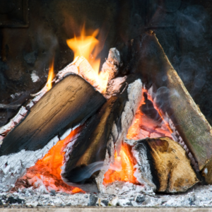 wood burning with an ash pile